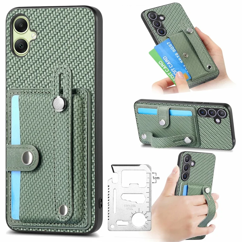 For Samsung Galaxy A06 4G Case Wristband Anti-Drop Leather Back Cover Card Holder - Green