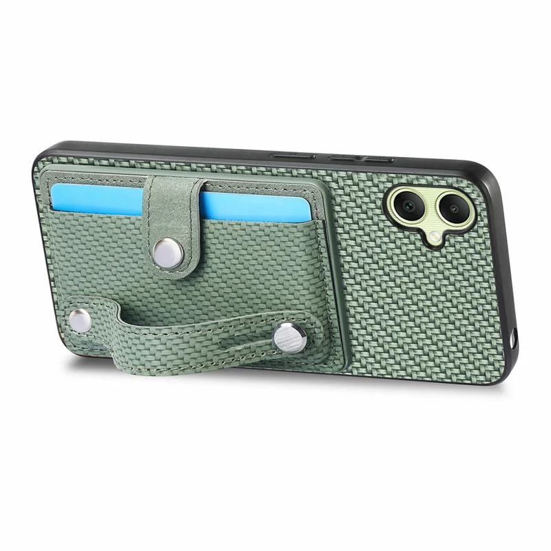 For Samsung Galaxy A06 4G Case Wristband Anti-Drop Leather Back Cover Card Holder - Green