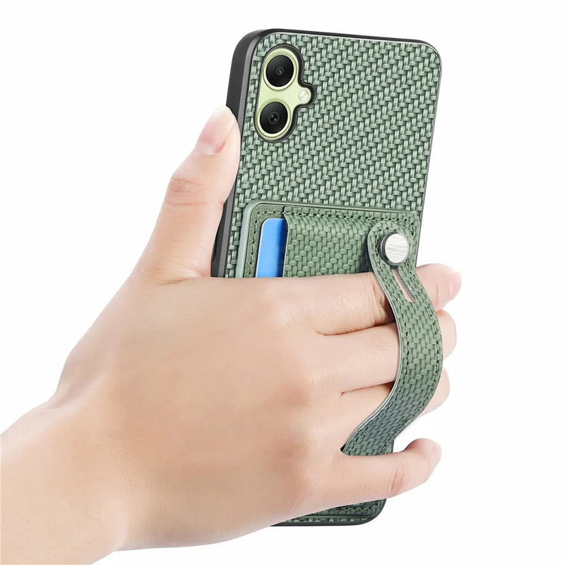 For Samsung Galaxy A06 4G Case Wristband Anti-Drop Leather Back Cover Card Holder - Green