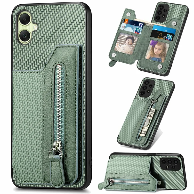 For Samsung Galaxy A06 4G Case Leather+PC+TPU Zipper Pocket Kickstand Phone Cover - Green