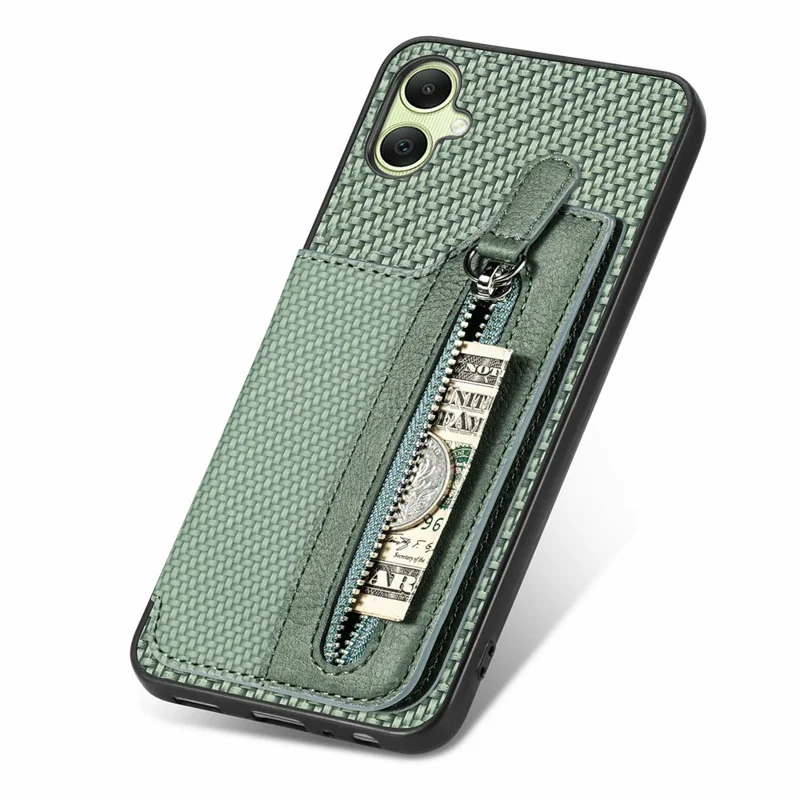 For Samsung Galaxy A06 4G Case Leather+PC+TPU Zipper Pocket Kickstand Phone Cover - Green