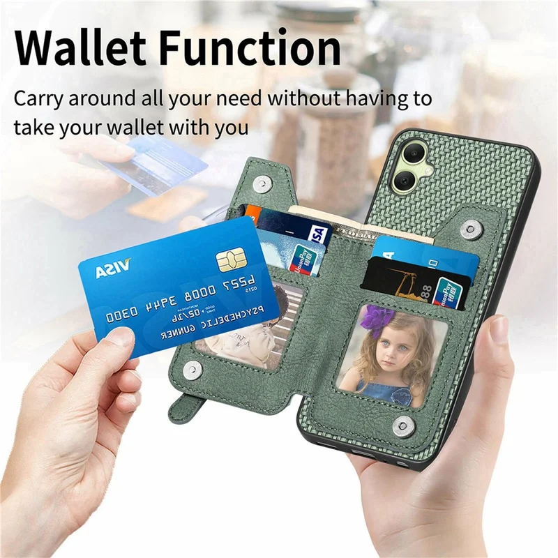 For Samsung Galaxy A06 4G Case Leather+PC+TPU Zipper Pocket Kickstand Phone Cover - Green