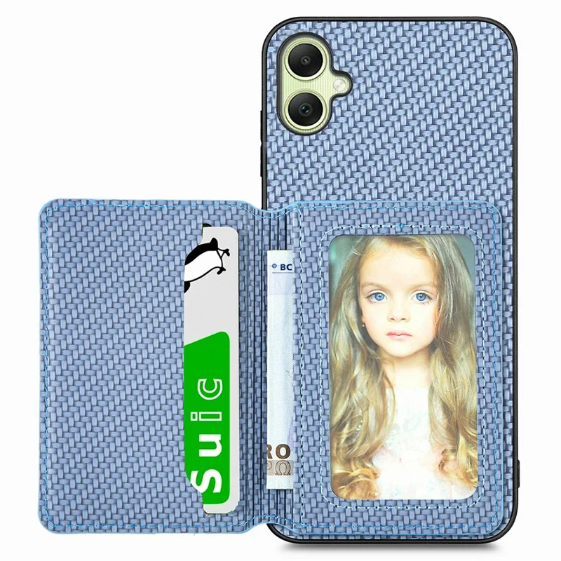 Étui pour Samsung Galaxy A06 avec porte-cartes RFID, en fibre de carbone, cuir, PC et TPU - Bleu