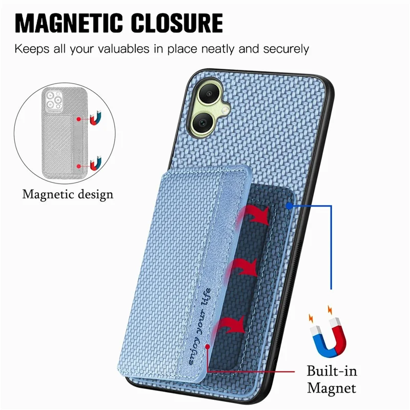 Étui pour Samsung Galaxy A06 avec porte-cartes RFID, en fibre de carbone, cuir, PC et TPU - Bleu