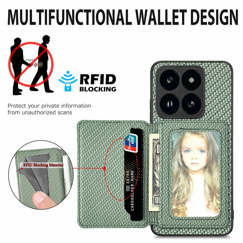 Für Xiaomi 14T Hülle RFID-blockierender Kartenfach Kohlefaser Leder+PC+TPU Handyhülle - Grün