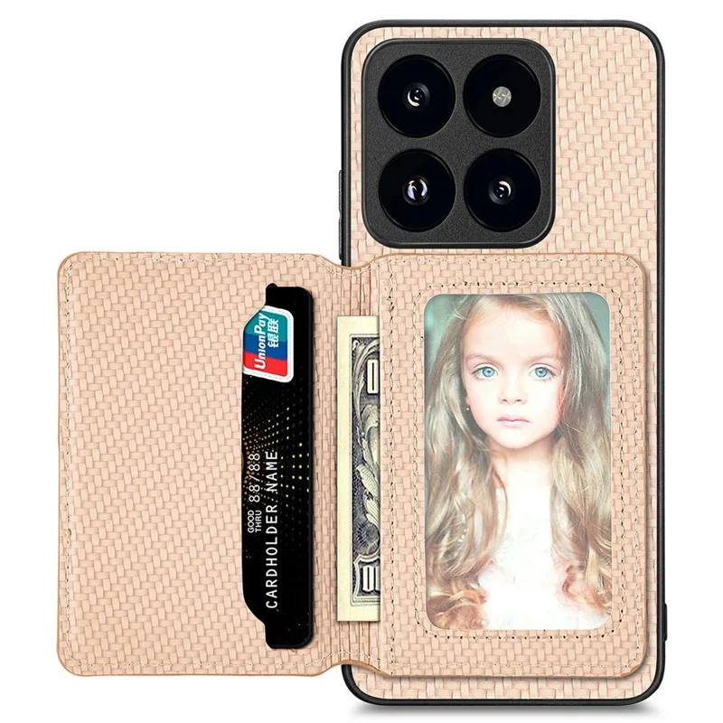 For Xiaomi 14T Case RFID Blocking Card Holder Carbon Fiber Leather+PC+TPU Phone Cover - Apricot