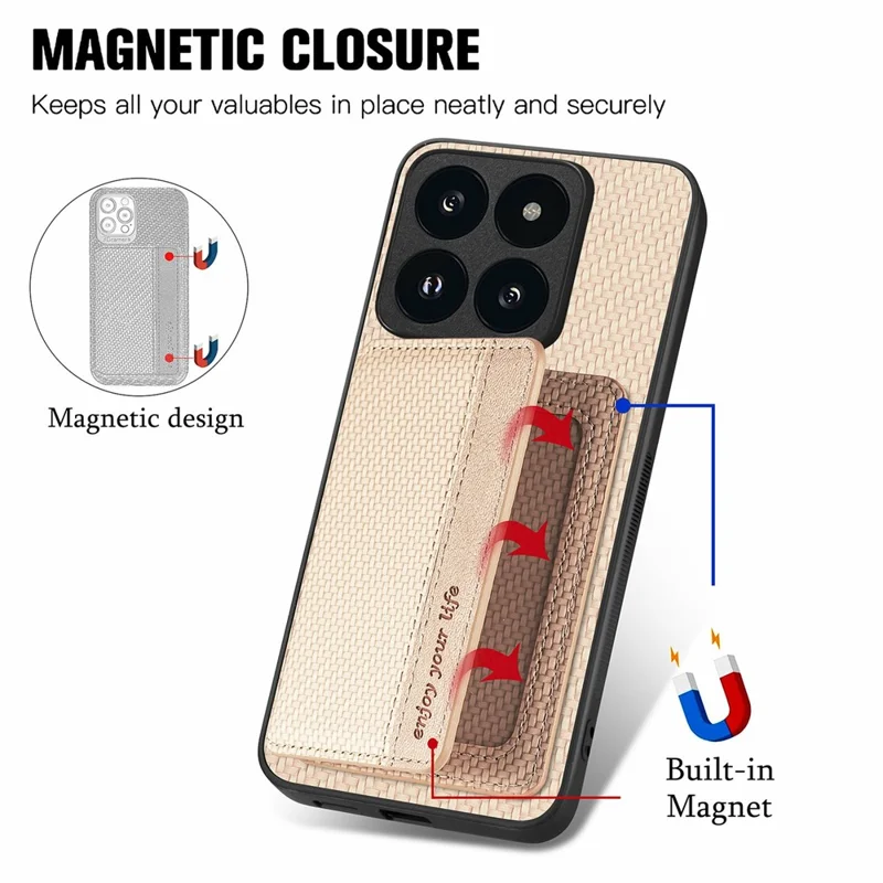 For Xiaomi 14T Case RFID Blocking Card Holder Carbon Fiber Leather+PC+TPU Phone Cover - Apricot