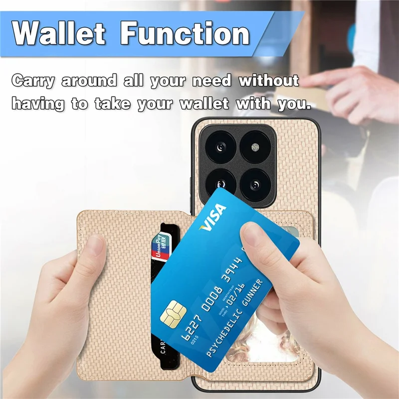For Xiaomi 14T Case RFID Blocking Card Holder Carbon Fiber Leather+PC+TPU Phone Cover - Apricot