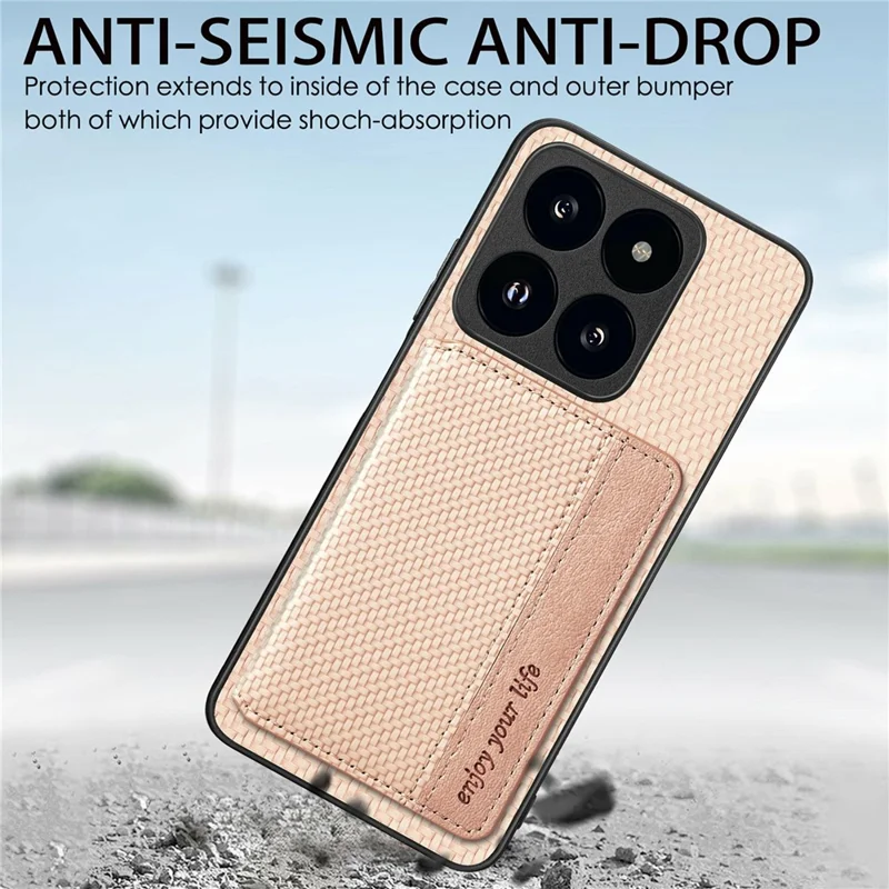 For Xiaomi 14T Case RFID Blocking Card Holder Carbon Fiber Leather+PC+TPU Phone Cover - Apricot