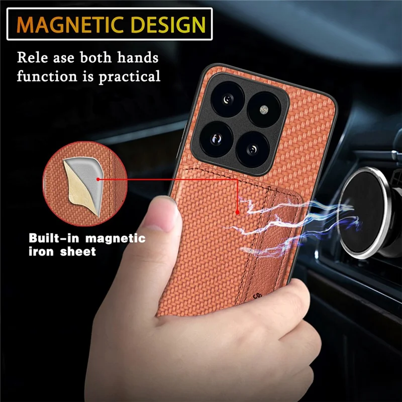 For Xiaomi 14T Case RFID Blocking Card Holder Carbon Fiber Leather+PC+TPU Phone Cover - Apricot