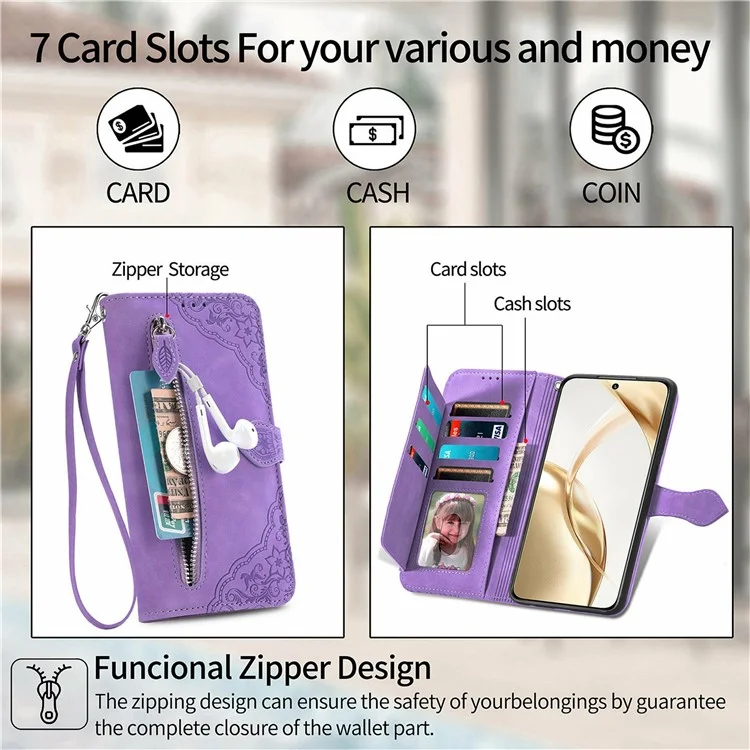 Capa de couro com zíper e estampa de flor para o ZTE Blade A55 - Rosa