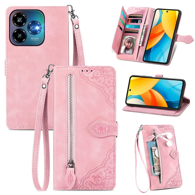 For ZTE Blade V60 Vita Case Zipper Wallet PU Leather Flower Imprint Phone Cover - Pink