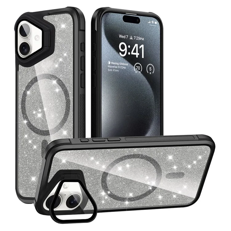For iPhone 16 Plus Glitter Phone Case Compatible with MagSafe Sparkling Cover with Lens Cover Kickstand - Black