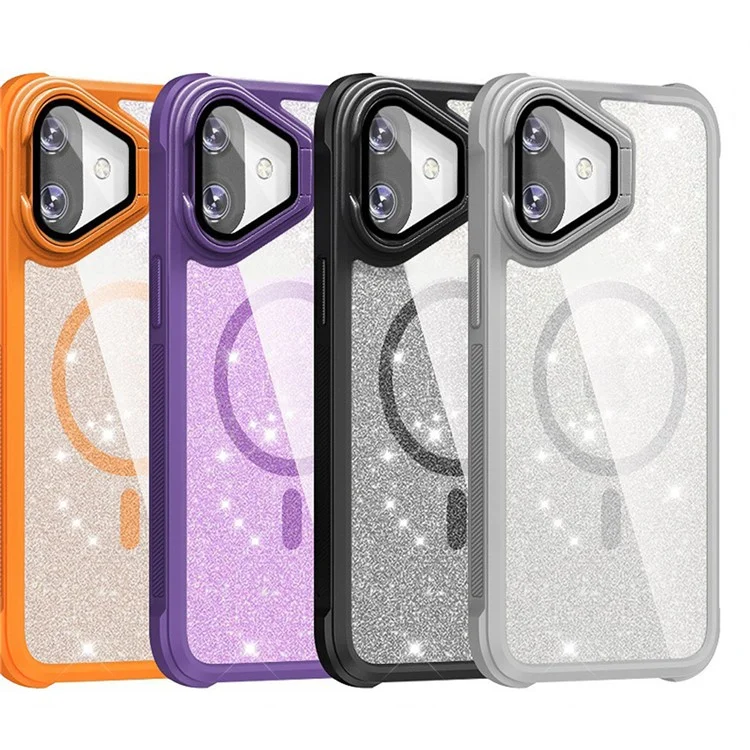 For iPhone 16 Plus Glitter Phone Case Compatible with MagSafe Sparkling Cover with Lens Cover Kickstand - Black