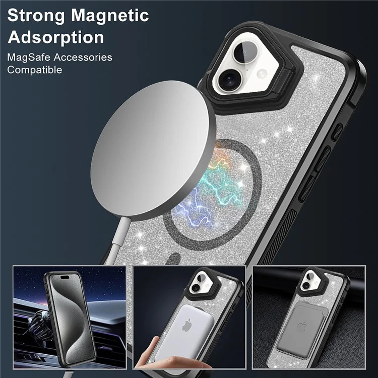 For iPhone 16 Plus Glitter Phone Case Compatible with MagSafe Sparkling Cover with Lens Cover Kickstand - Black