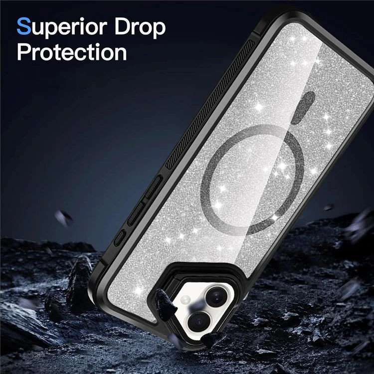 For iPhone 16 Plus Glitter Phone Case Compatible with MagSafe Sparkling Cover with Lens Cover Kickstand - Black