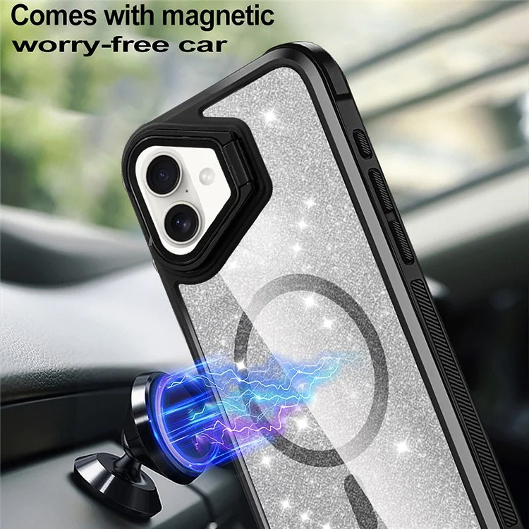 For iPhone 16 Plus Glitter Phone Case Compatible with MagSafe Sparkling Cover with Lens Cover Kickstand - Black