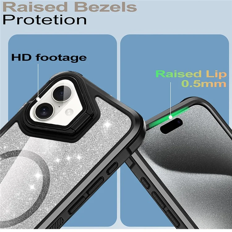 For iPhone 16 Plus Glitter Phone Case Compatible with MagSafe Sparkling Cover with Lens Cover Kickstand - Black