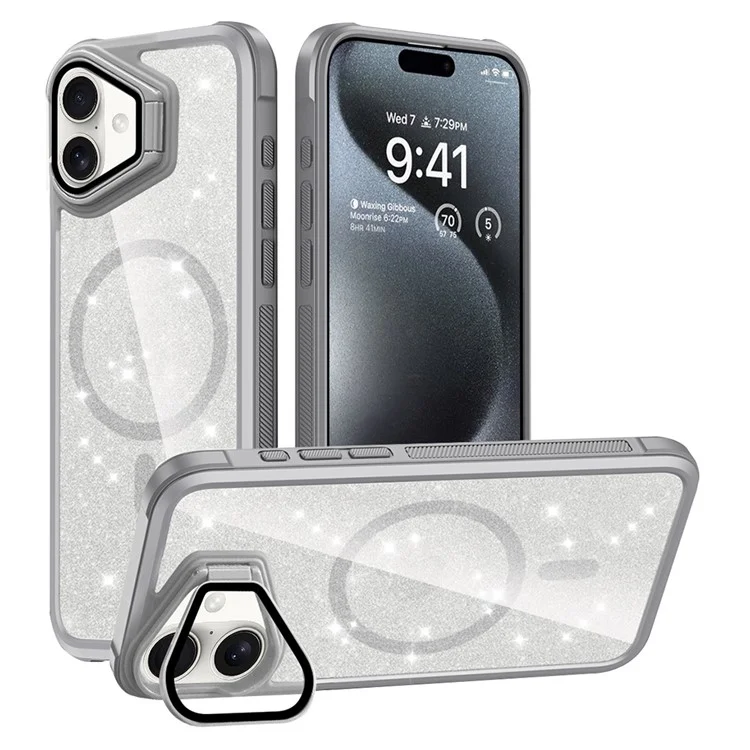 For iPhone 16 Glitter Phone Case Compatible with MagSafe Sparkling Cover with Lens Cover Kickstand - Grey