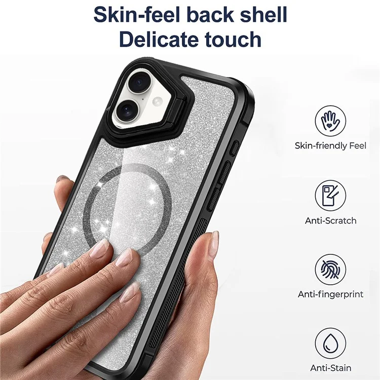 For iPhone 16 Glitter Phone Case Compatible with MagSafe Sparkling Cover with Lens Cover Kickstand - Grey
