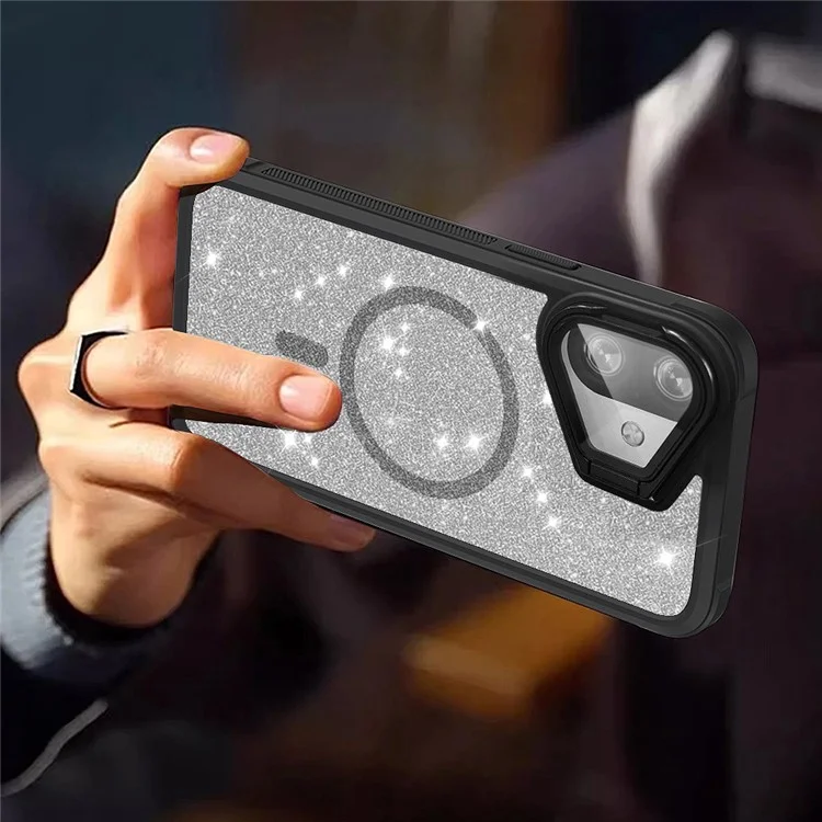 For iPhone 16 Glitter Phone Case Compatible with MagSafe Sparkling Cover with Lens Cover Kickstand - Grey