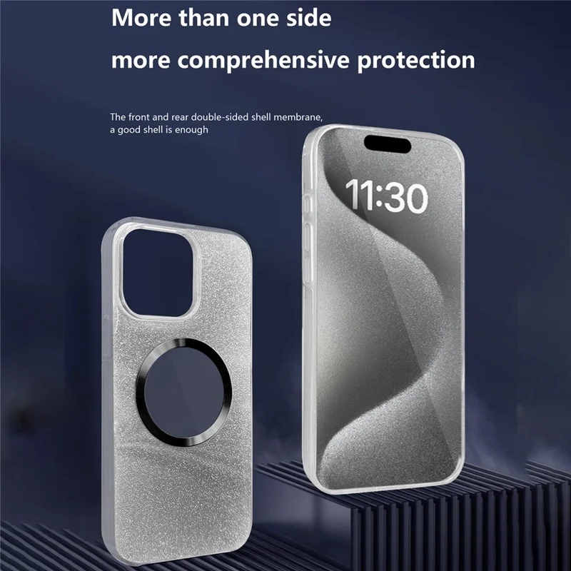 For iPhone 15 Pro Max Glitter Case Compatible with MagSafe PC+TPU Phone Cover with PET Screen Film - Purple