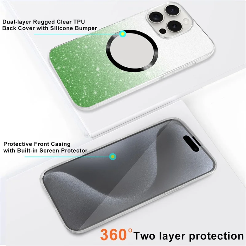 For iPhone 15 Pro Max Glitter Case Compatible with MagSafe PC+TPU Phone Cover with PET Screen Film - Purple