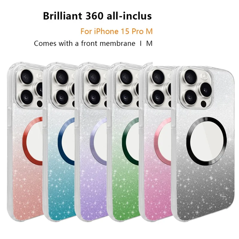 For iPhone 15 Pro Max Glitter Case Compatible with MagSafe PC+TPU Phone Cover with PET Screen Film - Purple