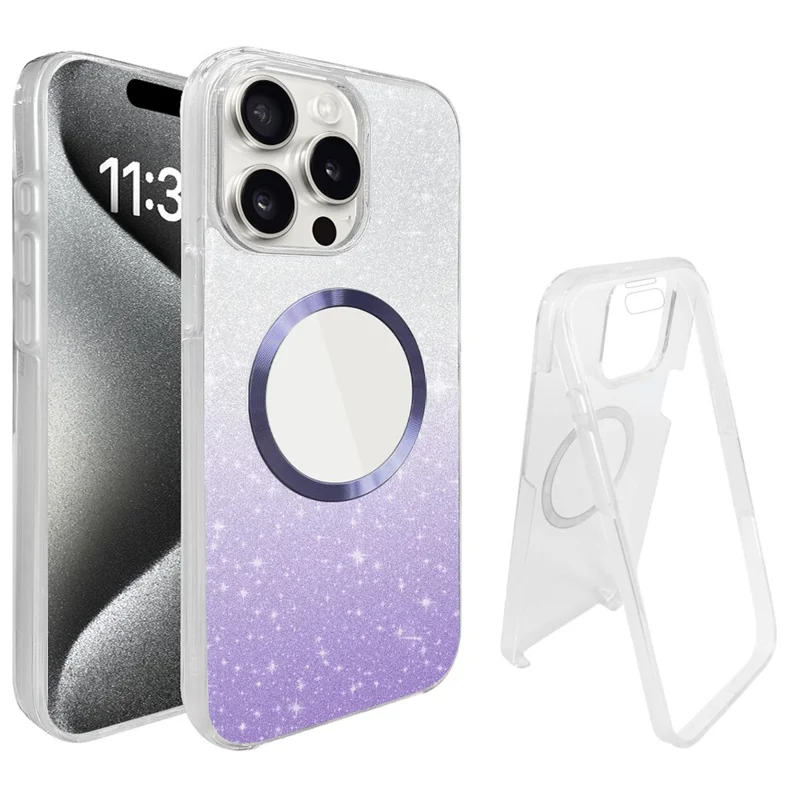 For iPhone 15 Pro Max Glitter Case Compatible with MagSafe PC+TPU Phone Cover with PET Screen Film - Purple