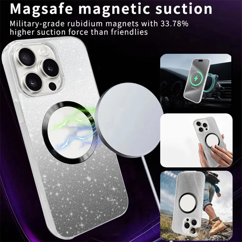 For iPhone 15 Pro Max Glitter Case Compatible with MagSafe PC+TPU Phone Cover with PET Screen Film - Purple