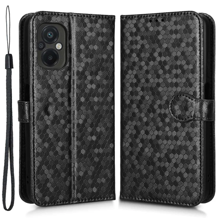 For Xiaomi Poco M5 4G Dot Pattern Imprinted PU Leather Flip Phone Cover Wallet Stand Magnetic Phone Case with Strap - Black