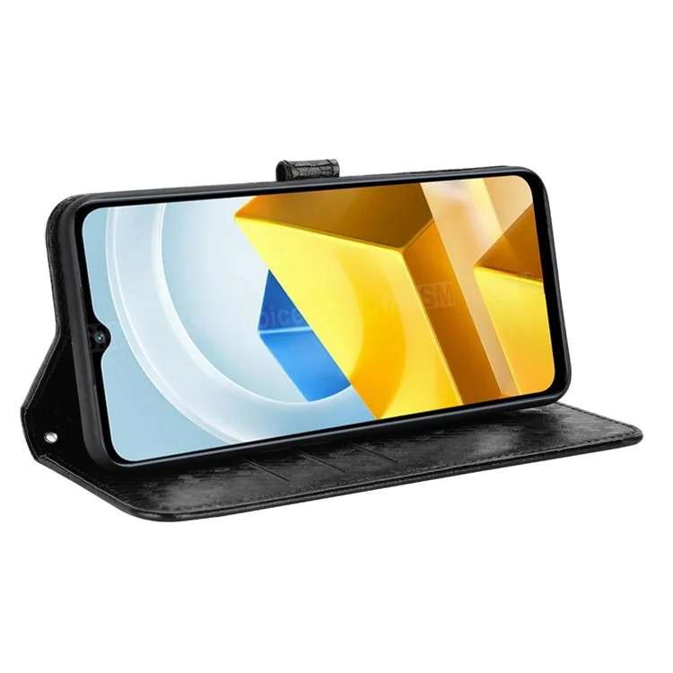 For Xiaomi Poco M5 4G Dot Pattern Imprinted PU Leather Flip Phone Cover Wallet Stand Magnetic Phone Case with Strap - Black
