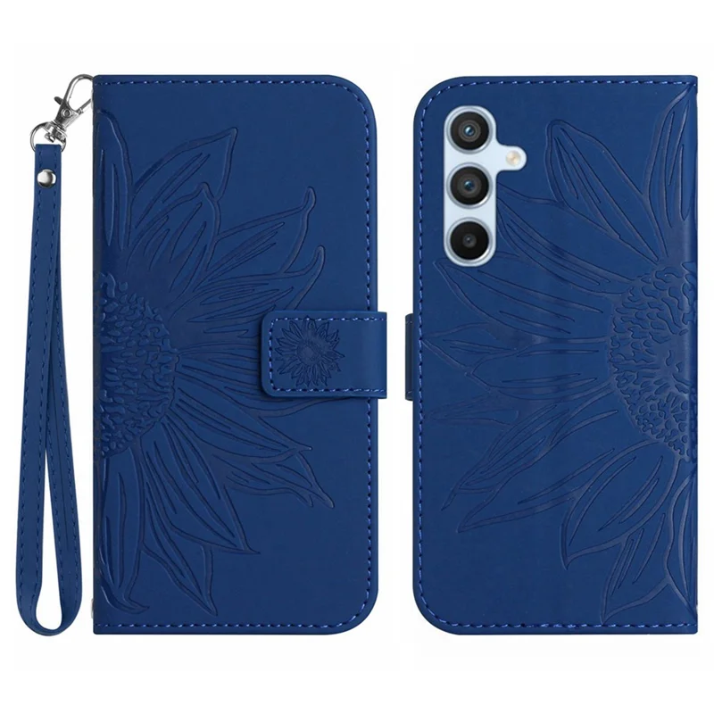 HT04 For Samsung Galaxy A37 5G / A36 5G Case Sunflower Imprint Leather Wallet Phone Cover with Wrist Strap - Sapphire