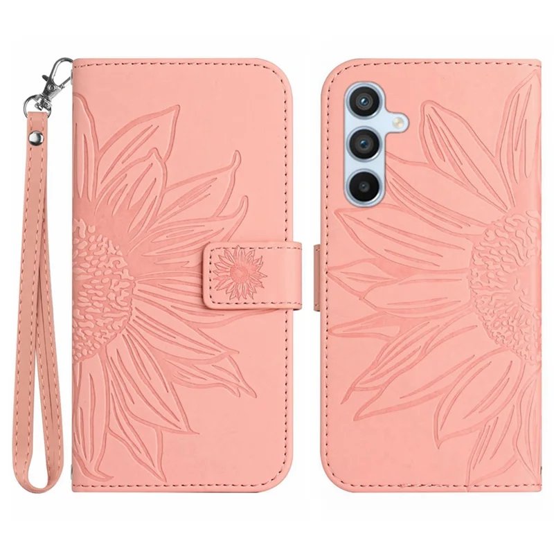 HT04 For Samsung Galaxy A37 5G / A36 5G Case Sunflower Imprint Leather Wallet Phone Cover with Wrist Strap - Pink