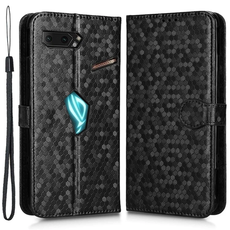 For Asus ROG Phone II ZS660KL PU Leather Flip Phone Cover Dot Pattern Imprinted Wallet Horizontal Stand Magnetic Phone Case with Strap - Black