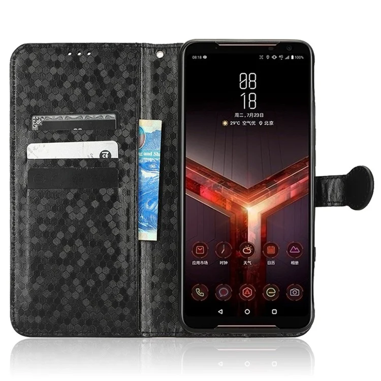 For Asus ROG Phone II ZS660KL PU Leather Flip Phone Cover Dot Pattern Imprinted Wallet Horizontal Stand Magnetic Phone Case with Strap - Black