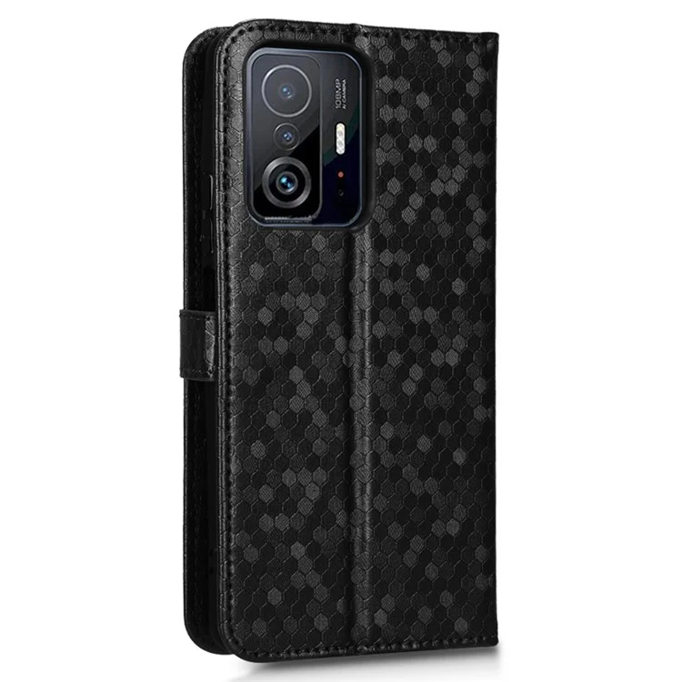 For Xiaomi 11T 5G / 11T Pro 5G PU Leather Flip Phone Cover Dot Pattern Imprinted Wallet Stand Magnetic Phone Case with Strap - Black