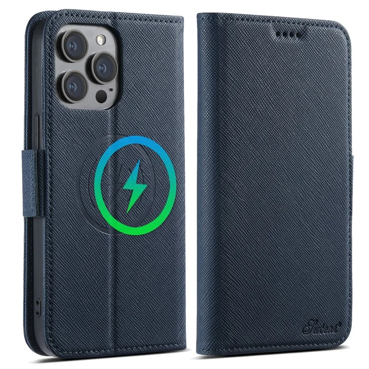 Capa para iPhone 12 Pro Max SUTENI J08 compatível com MagSafe, com textura cruzada de couro e compartimento para cartão - Azul