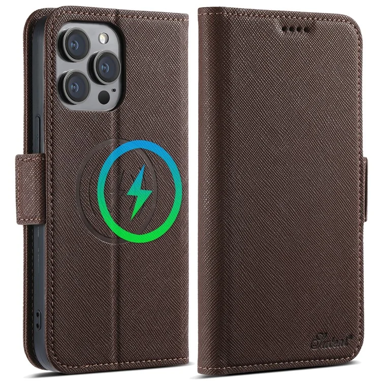SUTENI J08 For iPhone 12 Pro / 12 Case Compatible with MagSafe Cross Texture Leather Wallet Phone Cover - Brown