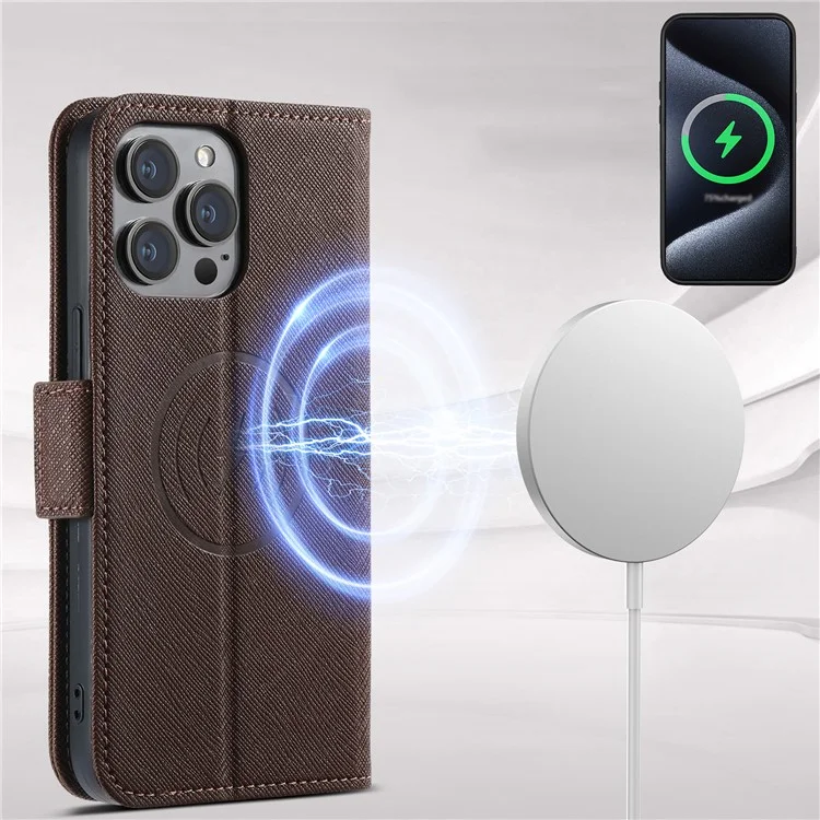 SUTENI J08 For iPhone 12 Pro / 12 Case Compatible with MagSafe Cross Texture Leather Wallet Phone Cover - Brown