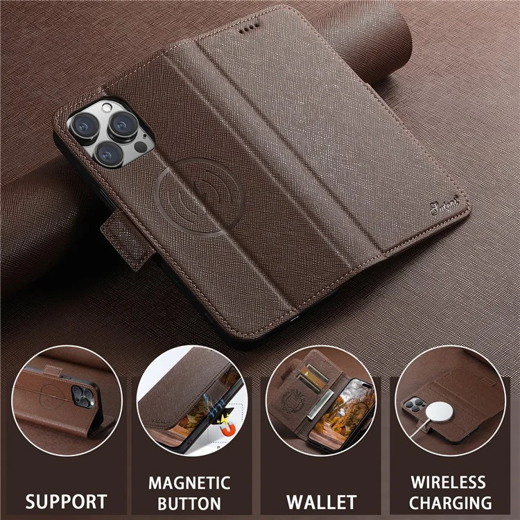 SUTENI J08 For iPhone 12 Pro / 12 Case Compatible with MagSafe Cross Texture Leather Wallet Phone Cover - Brown