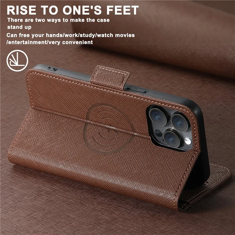 SUTENI J08 For iPhone 12 Pro / 12 Case Compatible with MagSafe Cross Texture Leather Wallet Phone Cover - Brown