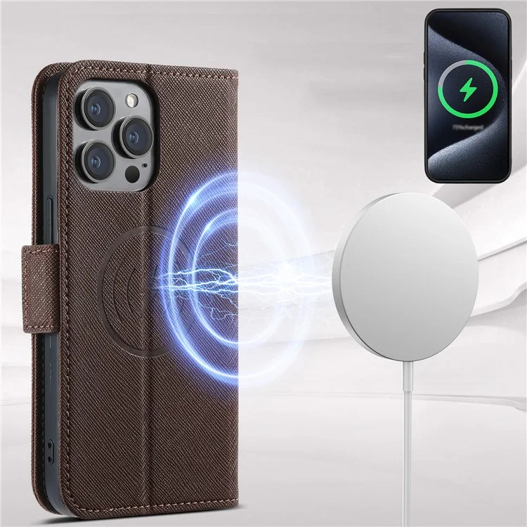 SUTENI J08 For iPhone 15 Pro Max Case Compatible with MagSafe Cross Texture Leather Wallet Phone Cover - Brown