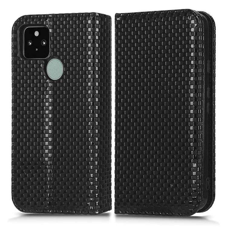Pour Google Pixel 5 Grid Texture Shockproof Phone Cover PU Leather Magnetic Auto Phone Closing Case with Wallet Stand - Black