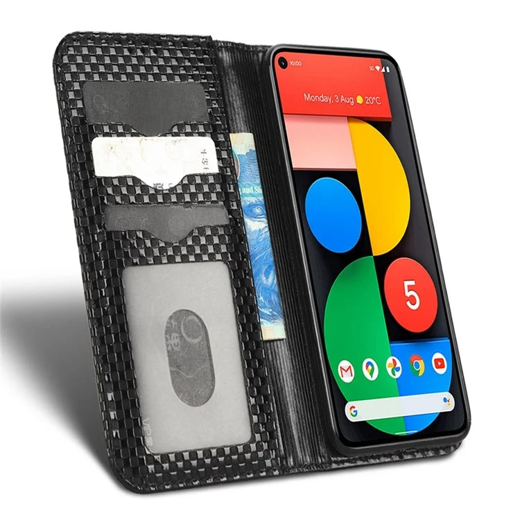 Pour Google Pixel 5 Grid Texture Shockproof Phone Cover PU Leather Magnetic Auto Phone Closing Case with Wallet Stand - Black