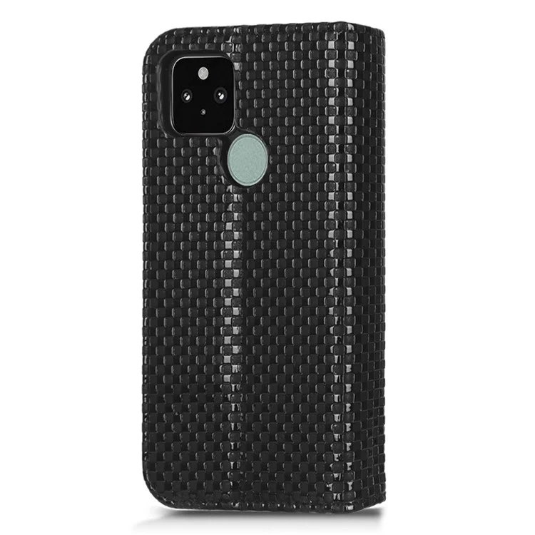 Pour Google Pixel 5 Grid Texture Shockproof Phone Cover PU Leather Magnetic Auto Phone Closing Case with Wallet Stand - Black