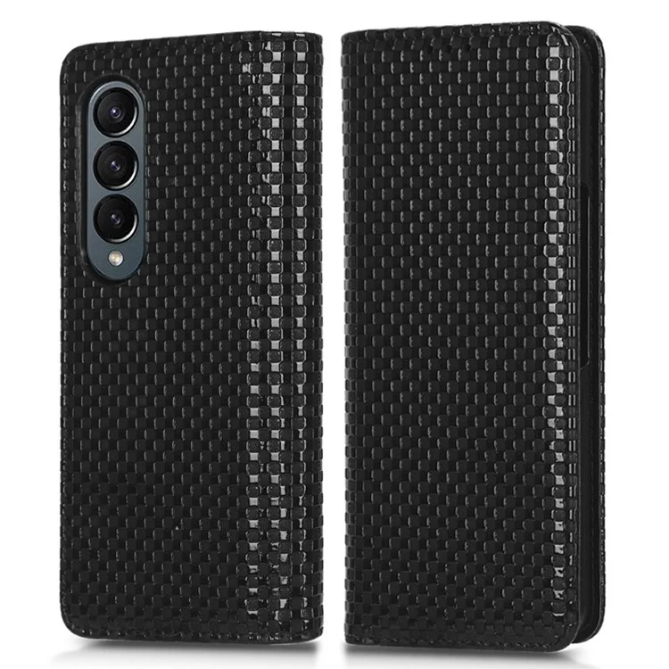 Per Samsung Galaxy Z Fold4 5G Cover per telefono in pelle PU con texture a griglia, supporto pieghevole, chiusura magnetica automatica - Nero