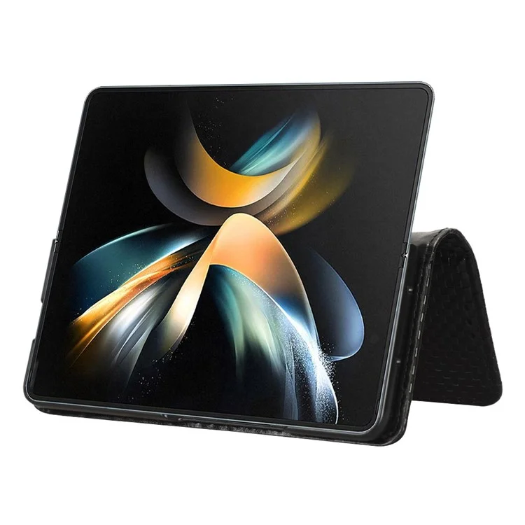 Per Samsung Galaxy Z Fold4 5G Cover per telefono in pelle PU con texture a griglia, supporto pieghevole, chiusura magnetica automatica - Nero