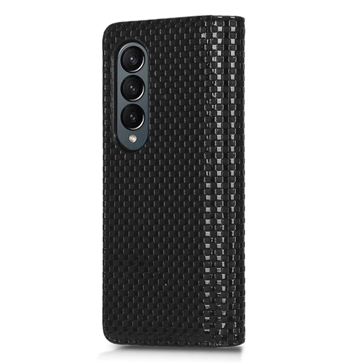 Per Samsung Galaxy Z Fold4 5G Cover per telefono in pelle PU con texture a griglia, supporto pieghevole, chiusura magnetica automatica - Nero
