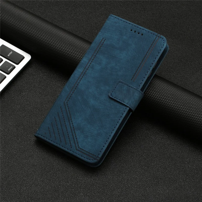 Funda de teléfono de cuero con líneas impresas y soporte plegable para Motorola Moto G35 5G - Zafiro